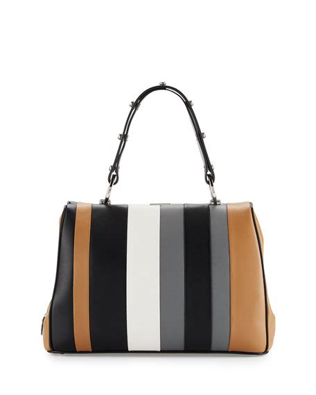 Prada Baiadera Striped Leather Satchel Bag, Camel/Black/Gray 